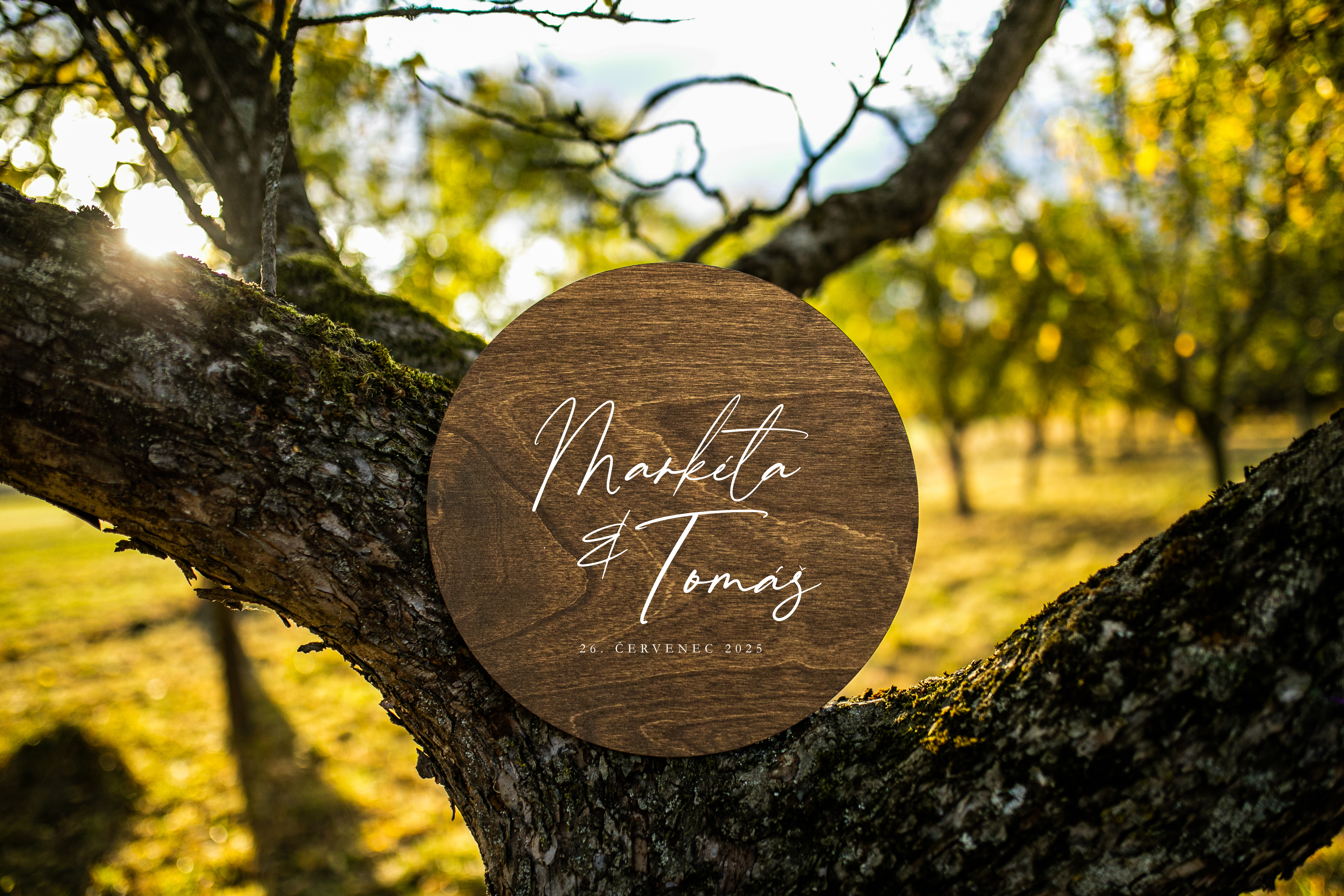 Detail hnědé kulaté podpisové desky s rustikálním potiskem